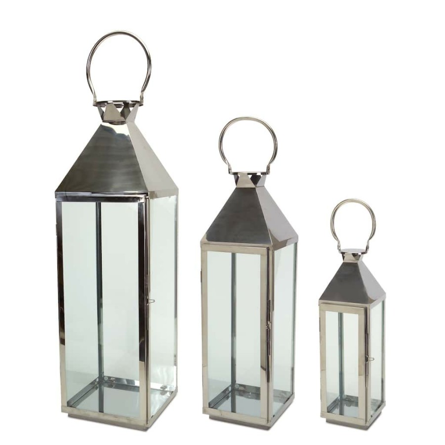 Home & Decor * | Best Reviews Of Silver Stainless Steel & Glass Lantern Set, 19.5", 26", & 34" By Melrose