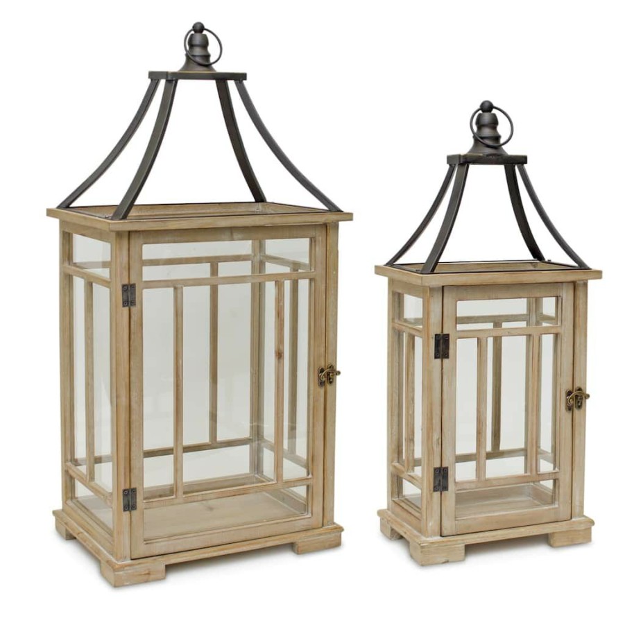 Home & Decor * | Best Deal Natural Wooden Lantern Set, 23 & 31 By Melrose