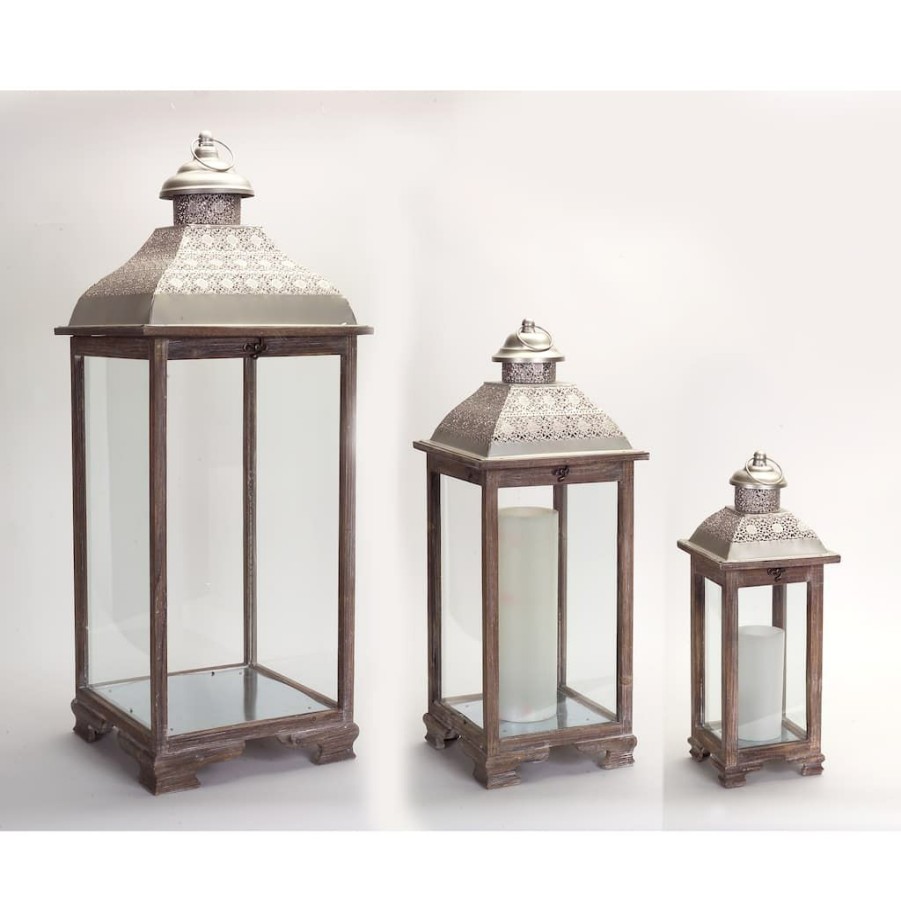 Home & Decor * | Best Pirce Natural And Gray Wood & Metal Lantern Set, 19.75", 26.5" & 39" By Melrose