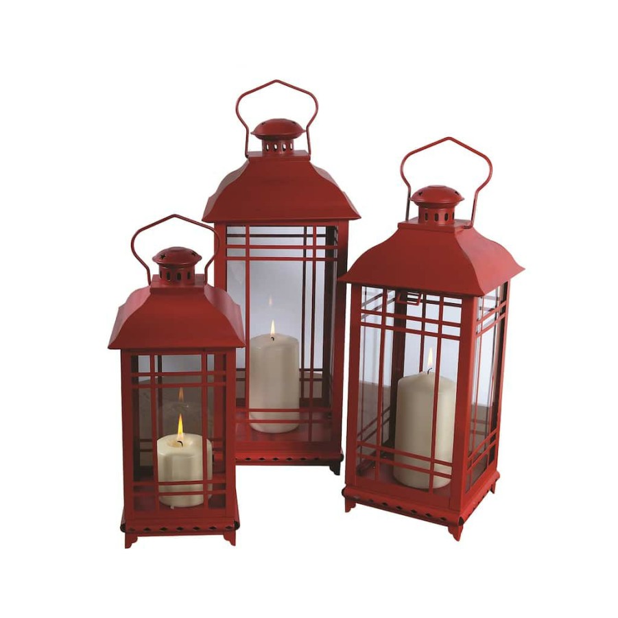 Home & Decor * | Cheap Red Metal Lantern Set, 14 , 17 & 20 By Melrose