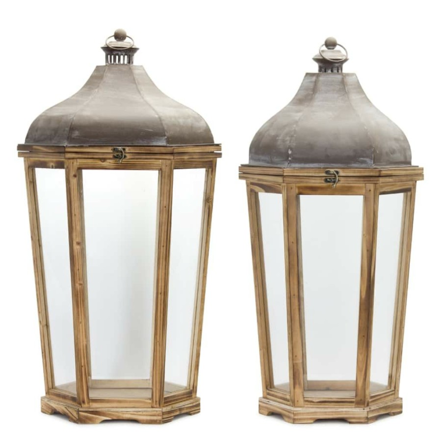 Home & Decor * | Hot Sale Brown Iron & Wood Lantern Set, 28.5 & 33 By Melrose