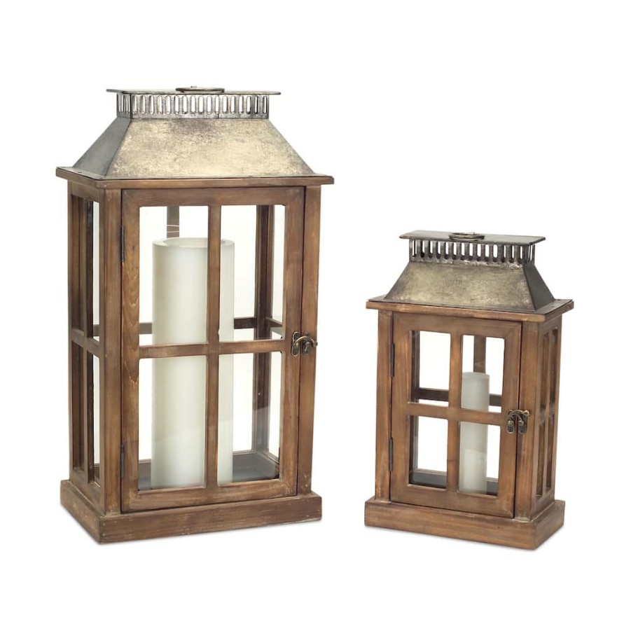 Home & Decor * | Buy Natural And Gray Wood, Metal & Glass Lantern Set, 13.5" & 20" By Melrose