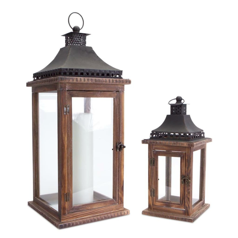 Home & Decor * | Outlet Wood, Iron & Glass Candle Lantern Set By Melrose