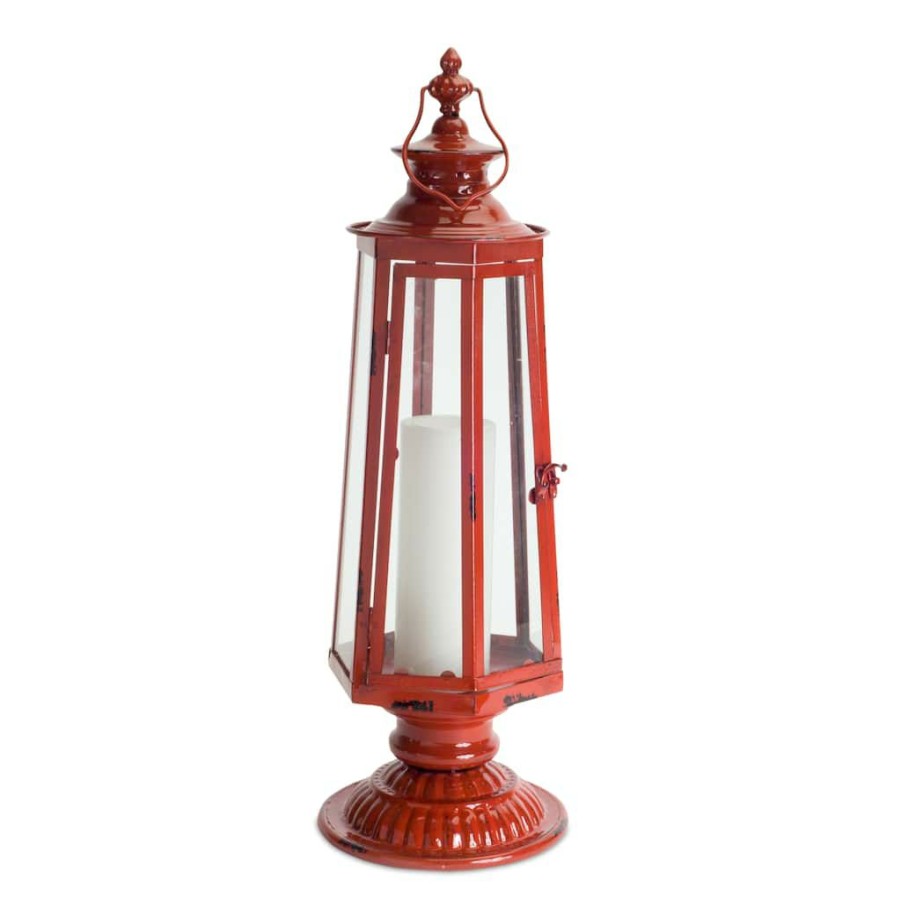 Home & Decor * | Cheap 24" Red Metal & Glass Lantern By Melrose