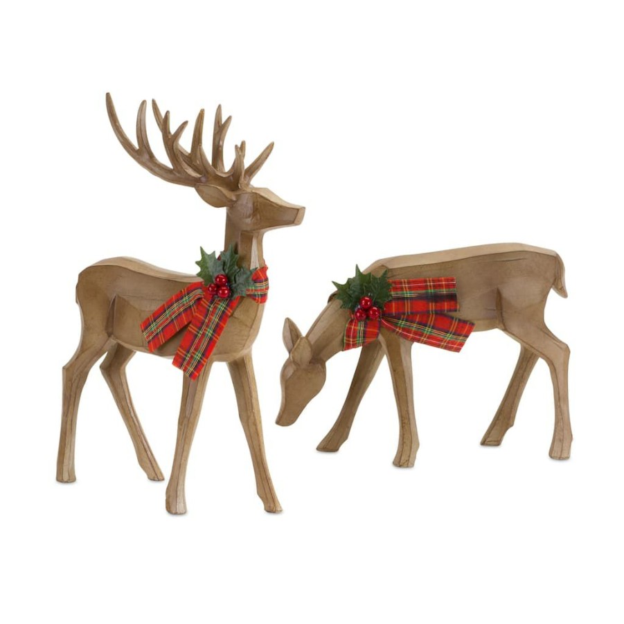 Holidays & Occasions * | New Faux Wood Deer Figurine Set, 6.75 & 13.75 By Melrose