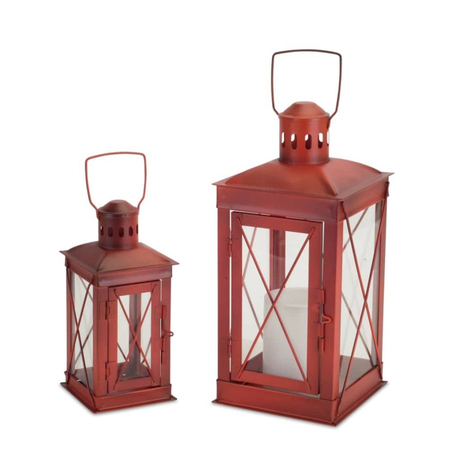 Home & Decor * | Top 10 Rustic Red Metal & Glass Lantern Set, 7.75" & 12" By Melrose