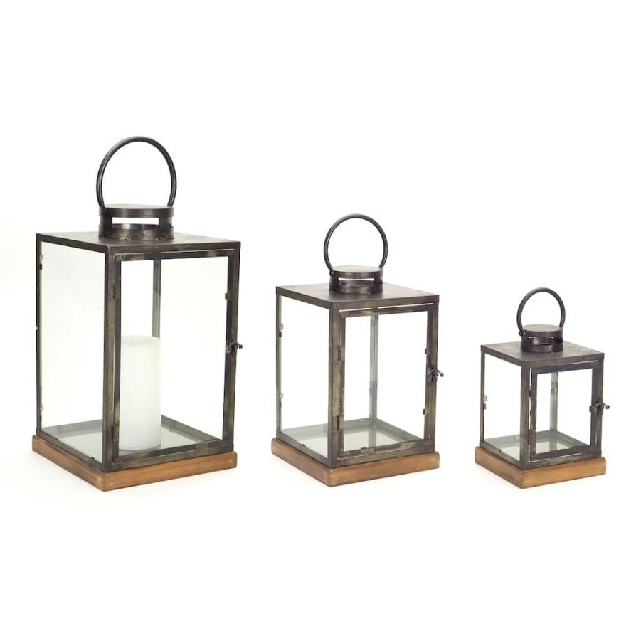 Home & Decor * | Budget Natural And Pewter Wood, Metal & Glass Lantern Set, 12", 16.5" & 21.5" By Melrose