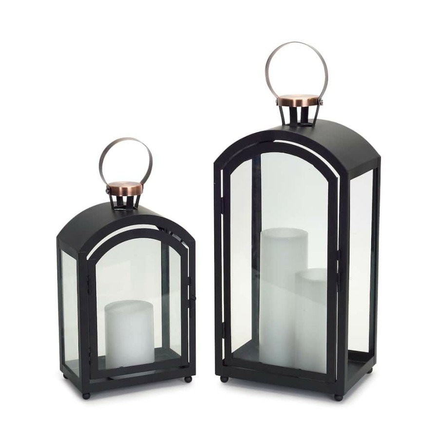 Home & Decor * | Deals Black And Gold Metal & Glass Lantern Set, 15" & 20" By Melrose