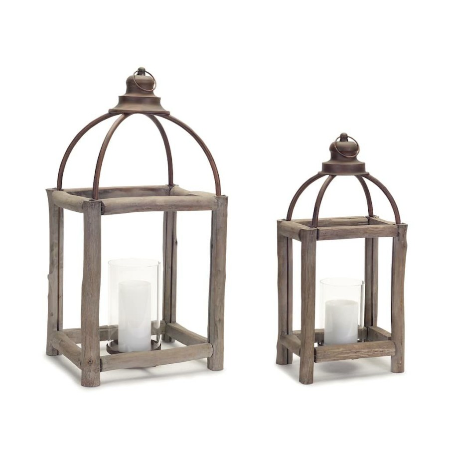 Home & Decor * | Budget Natural And Copper Wood, Metal & Glass Lantern Set, 20.5" & 26" By Melrose