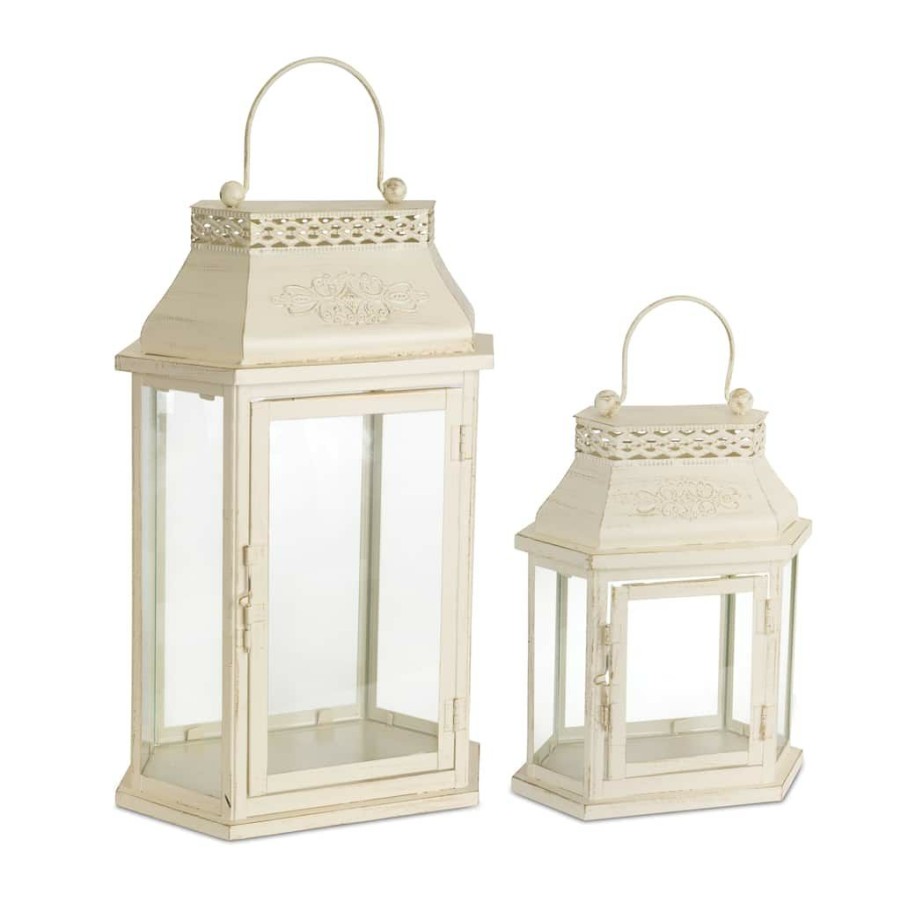 Home & Decor * | Buy Rustic Ivory Metal & Glass Lantern Set, 10.5" & 17" By Melrose