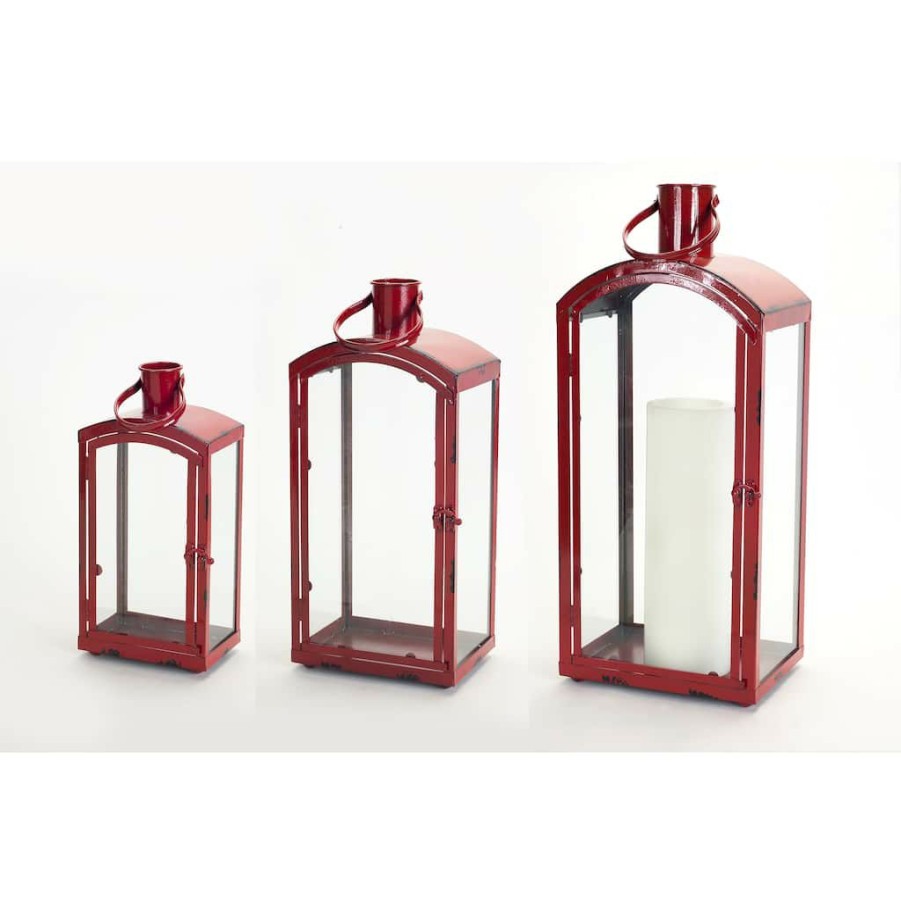 Home & Decor * | Outlet Red Metal & Glass Lantern Set, 15", 19" & 25" By Melrose