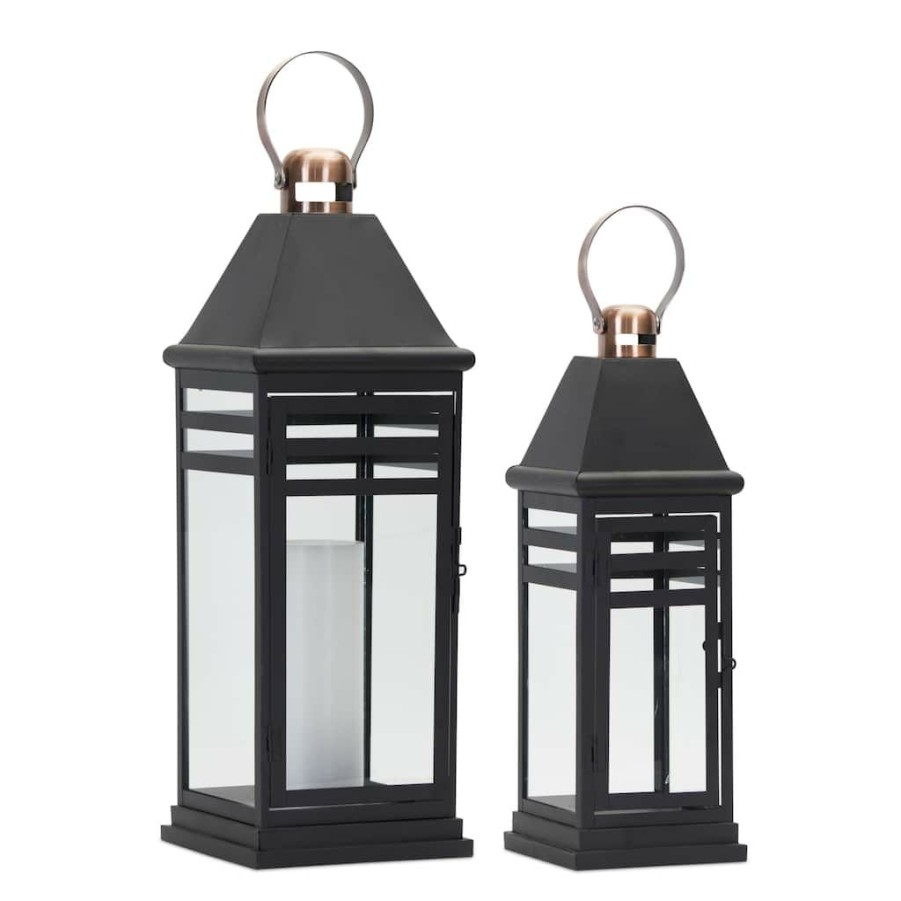 Holidays & Occasions * | Top 10 Black Metal & Glass Lantern Set, 16.25 & 20.5 By Melrose