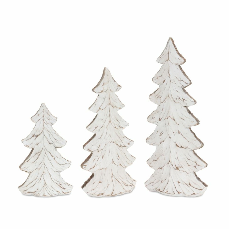 Holidays & Occasions * | Best Pirce Carved Whitewashed Holiday Tree Decor Set, 8.5 , 11.75 & 14.5 By Melrose