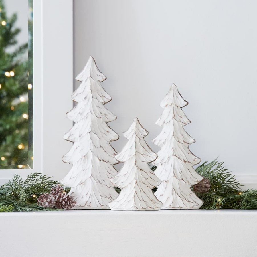 Holidays & Occasions * | Best Pirce Carved Whitewashed Holiday Tree Decor Set, 8.5 , 11.75 & 14.5 By Melrose