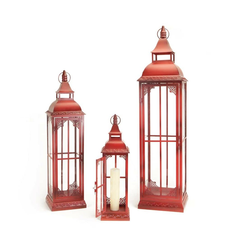 Home & Decor * | Deals Ornate Red Metal Lantern Set, 20 , 28 & 37 By Melrose