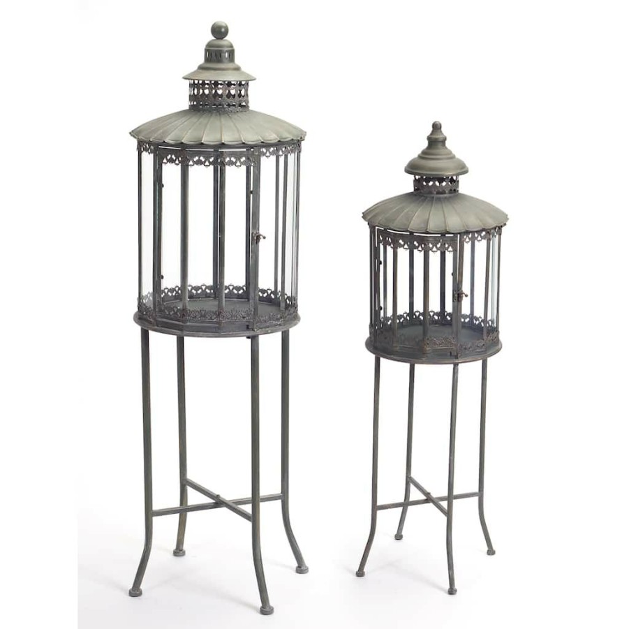 Home & Decor * | Best Sale Antique Brown Metal & Glass Lantern With Stand Set, 32" & 53" By Melrose