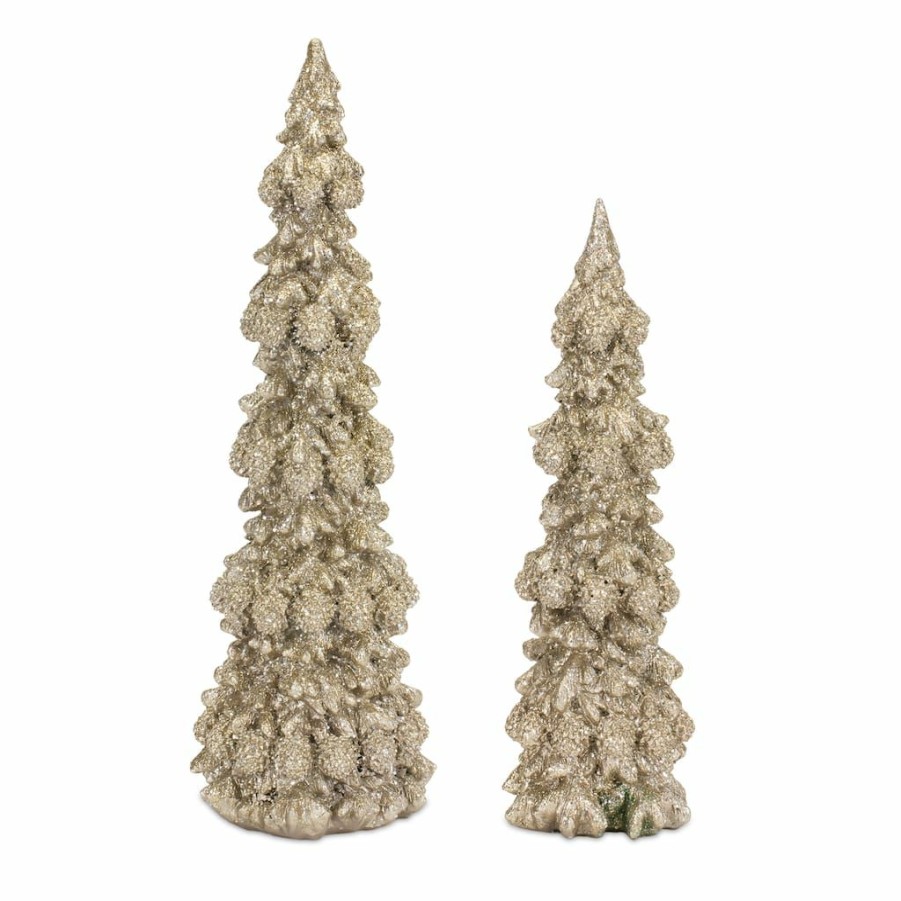 Holidays & Occasions * | New Gold & Silver Sculpted Holiday Pine Tree Decor Set, 9.25 & 11.5 By Melrose