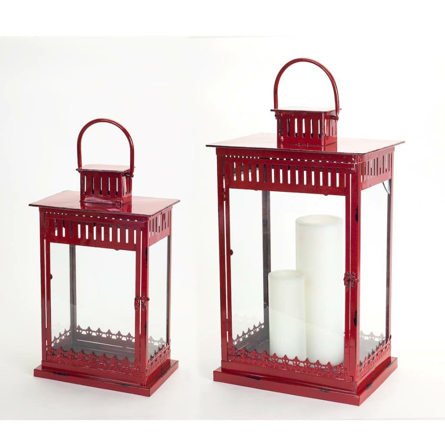 Home & Decor * | Best Reviews Of Red Metal & Glass Lantern Set, 20" & 25" By Melrose