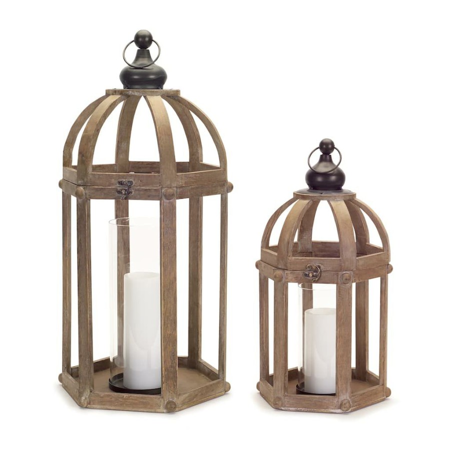 Home & Decor * | Cheap Black And Brown Wood, Metal & Glass Lantern Set, 12" & 28" By Melrose