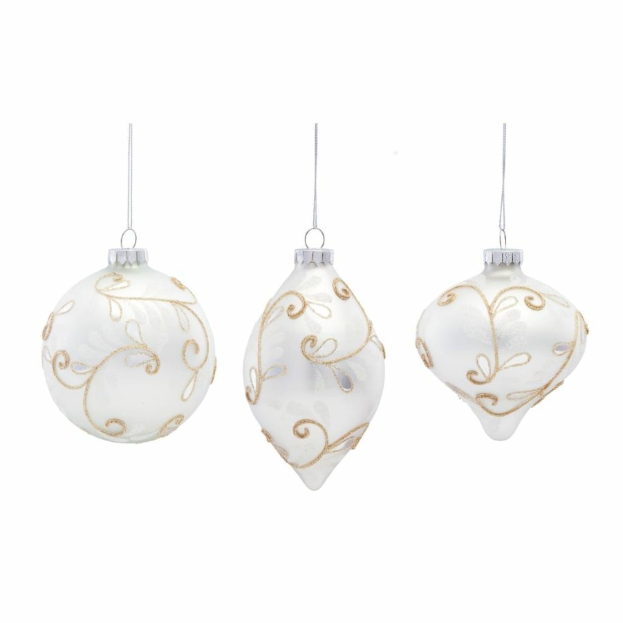 Holidays & Occasions * | Budget White With Gold Swirl Glass Ornament Set, 5 , 5.25 & 6 By Melrose