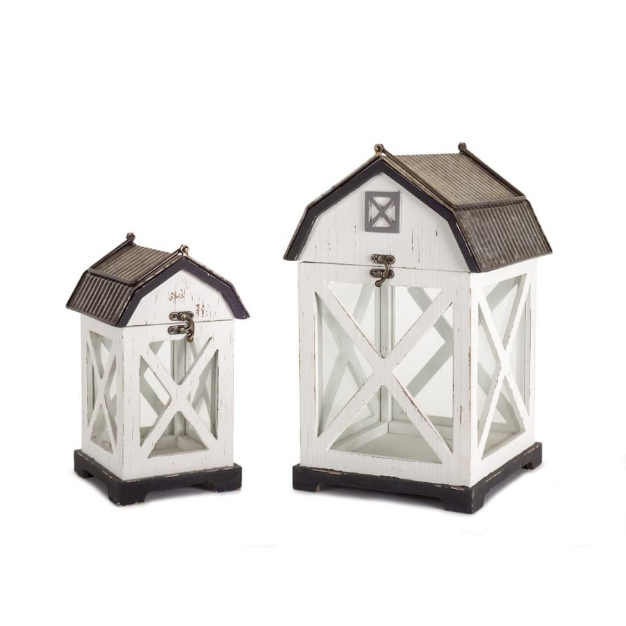 Home & Decor * | Flash Sale Wood & Glass Barn Lantern Set, 10.5 & 14.5 By Melrose