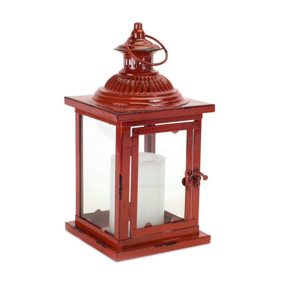 Home & Decor * | Outlet 13 Rustic Red Metal & Glass Lantern By Melrose