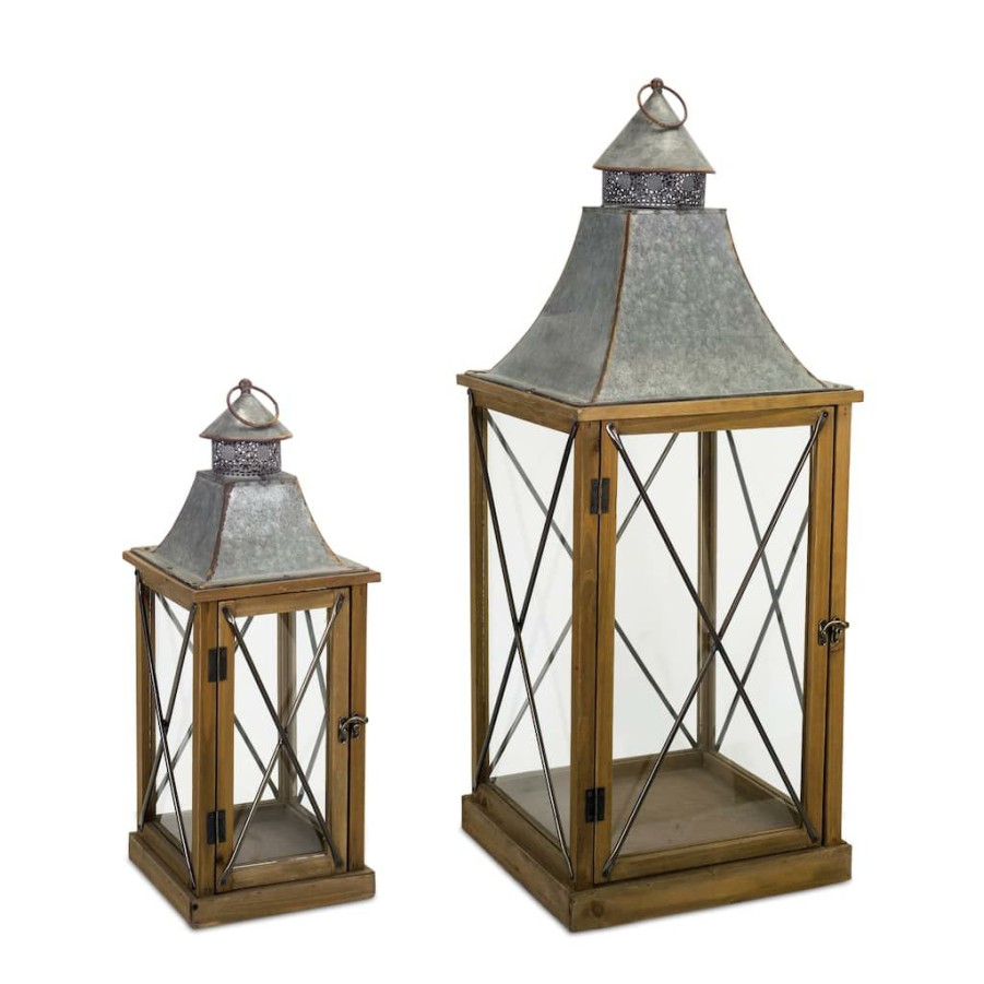 Home & Decor * | New Brown And Tin Wood, Metal & Glass Lantern Set, 22" & 33.5" By Melrose