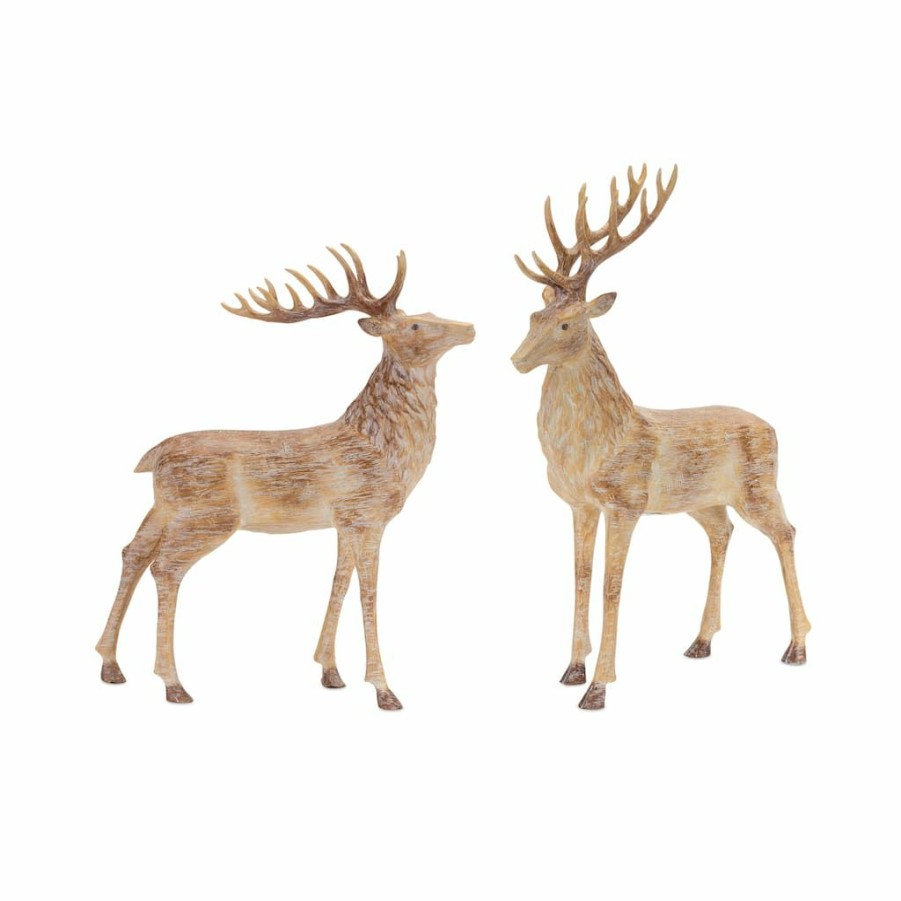 Holidays & Occasions * | Top 10 Weathered Faux Wood Deer Figurine Set, 13.5 & 14.75 By Melrose