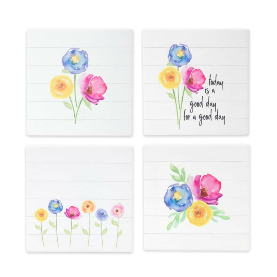 Holidays & Occasions * | New 4 Floral Stoneware Tiles Set By Melrose