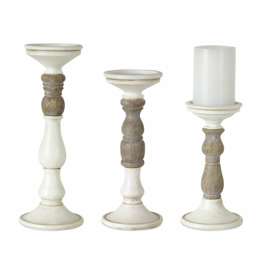 Holidays & Occasions * | Best Deal White & Natural Candle Holder Set, 8.5 , 10.5 & 12.5 By Melrose