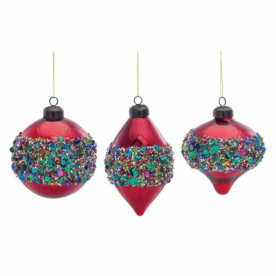 Holidays & Occasions * | Discount Red Glass Ornament With Sequins Set, 5 , 5.25 & 6 By Melrose