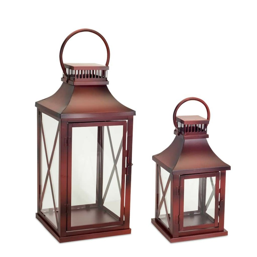 Home & Decor * | Best Reviews Of Rustic Red Metal & Glass Lantern Set, 14" & 20" By Melrose