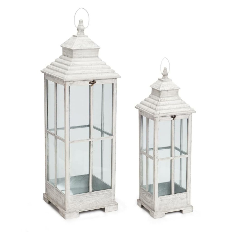 Home & Decor * | Cheapest White And Gray Metal & Glass Lantern Set, 28" & 38" By Melrose