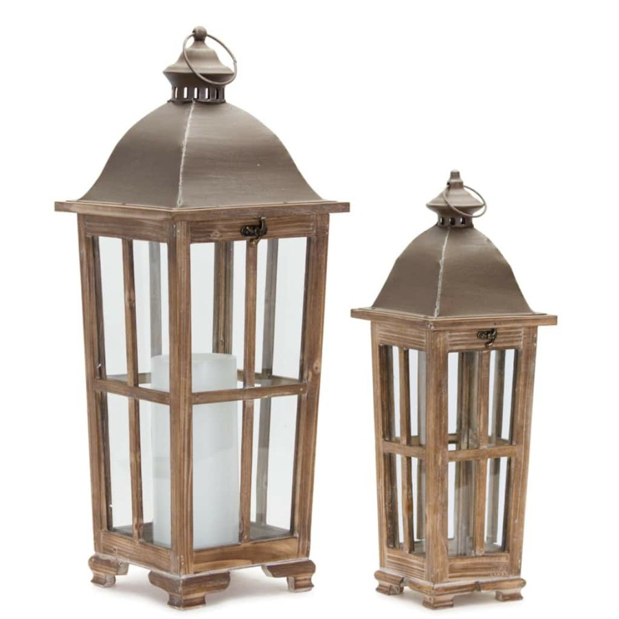 Home & Decor * | Deals Tan Wooden Lantern Set, 19 & 25.7 By Melrose