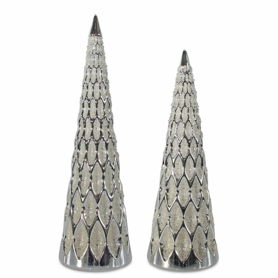 Holidays & Occasions * | Hot Sale Silver & White Glass Holiday Cone Tree Decor Set, 9.5 & 12 By Melrose