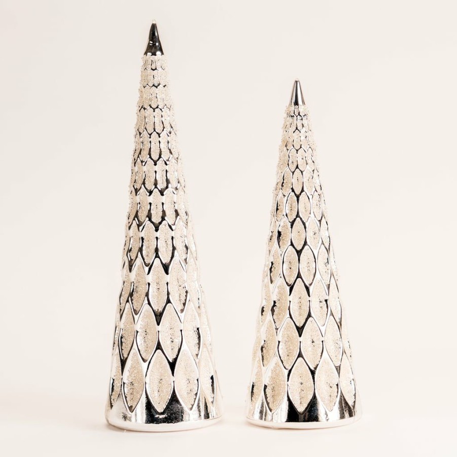 Holidays & Occasions * | Hot Sale Silver & White Glass Holiday Cone Tree Decor Set, 9.5 & 12 By Melrose