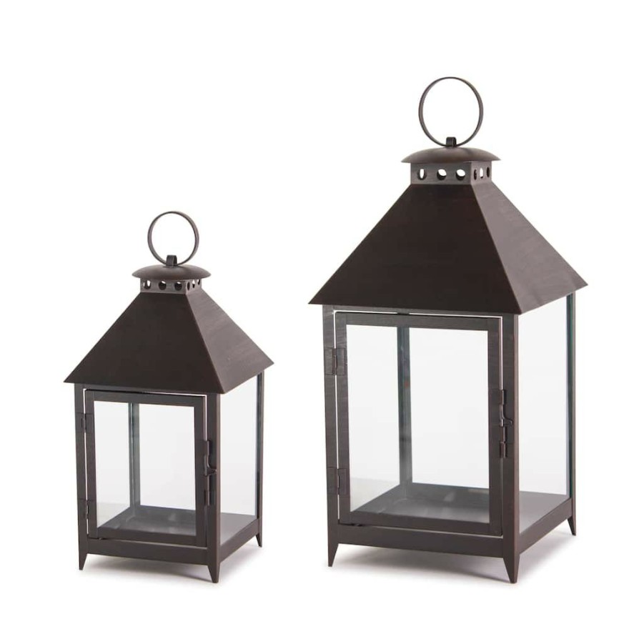 Home & Decor * | Top 10 Black Metal & Glass Lantern Set, 11.75 & 16 By Melrose