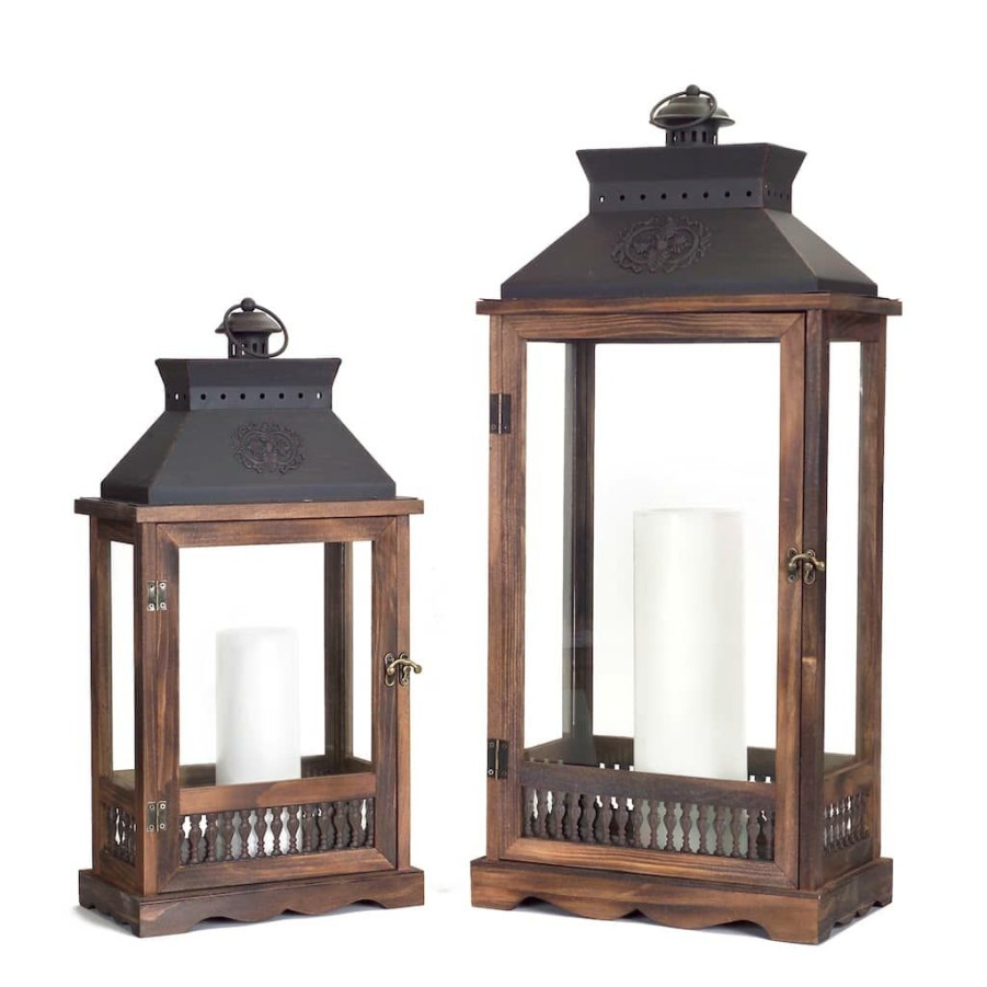 Home & Decor * | Best Deal Black And Brown Wood, Metal & Glass Lantern Set, 21" & 27" By Melrose