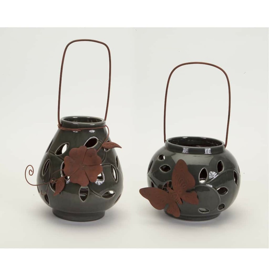 Home & Decor * | Best Deal Gray And Rust Ceramic & Metal Leaf Pattern Lantern Set, 6.25" & 7.75" By Melrose