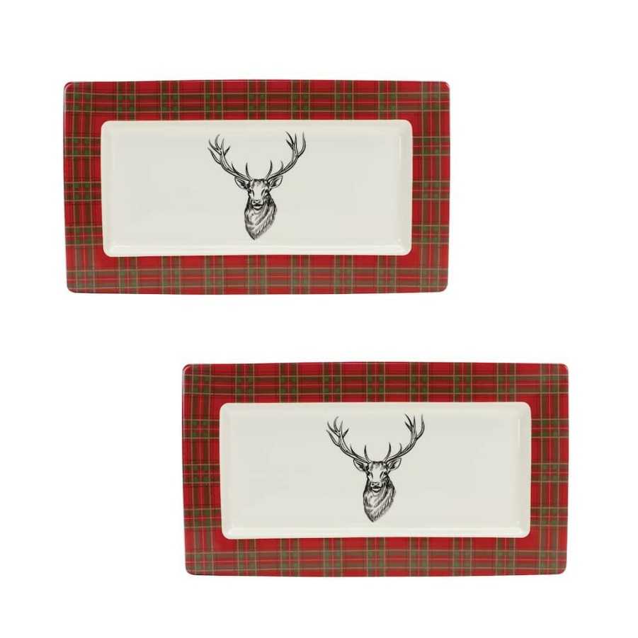 Holidays & Occasions * | Flash Sale 13.25 Plaid Deer Platters, 2Ct. By Melrose