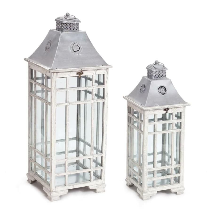 Home & Decor * | Best Reviews Of White And Gray Metal & Glass Lantern Set, 24.5" & 33" By Melrose