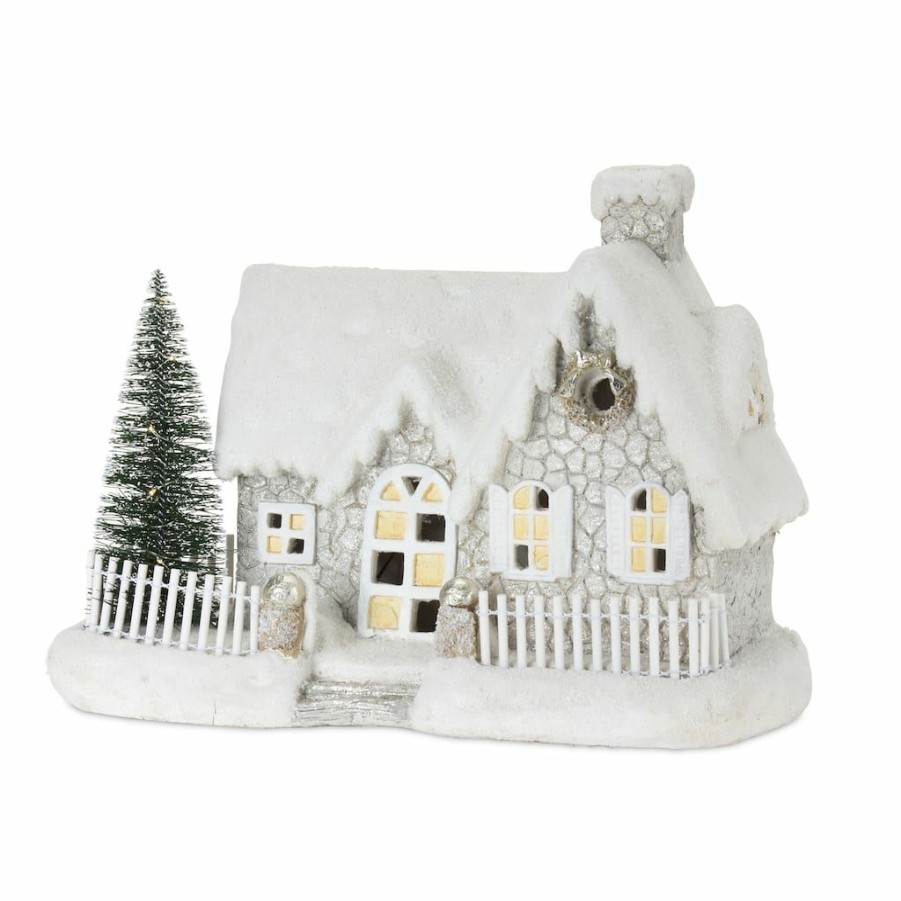 Holidays & Occasions * | Hot Sale 11.5 White Christmas Cottage With Tree By Melrose