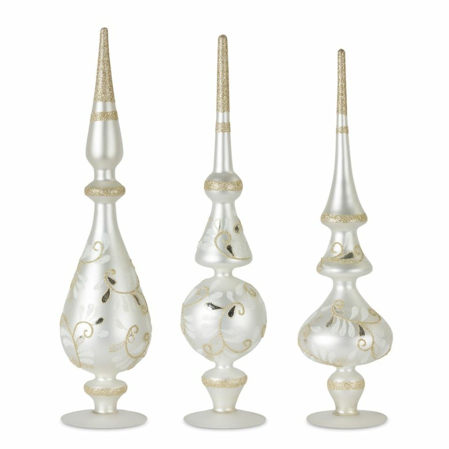 Holidays & Occasions * | Cheapest 16.75 White With Gold Swirl Glass Finial Accent Set By Melrose