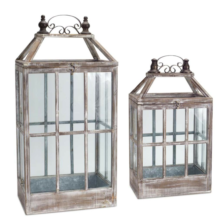 Home & Decor * | Top 10 Brown And White Wood, Metal & Glass Lantern Set, 22.75" & 31.5" By Melrose