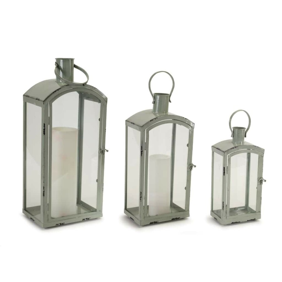 Home & Decor * | Brand New Aqua Metal & Glass Lantern Set, 12.5", 16.5", 21" By Melrose