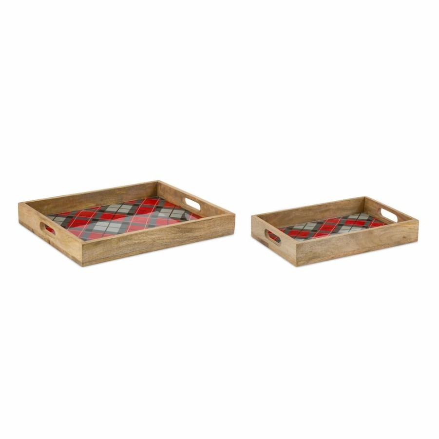 Holidays & Occasions * | Best Reviews Of Wooden Plaid Trays, 2Ct. By Melrose