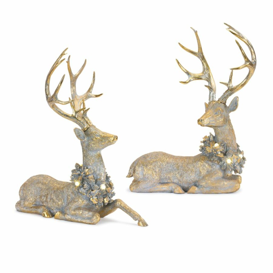 Holidays & Occasions * | New Gold Lounging Deer Led Figurine Set, 21 & 21.75 By Melrose