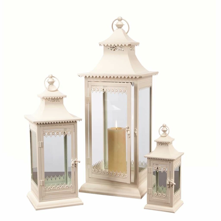 Home & Decor * | Best Sale Traditional White Metal Lantern Set, 11.5 , 19 & 27.5 By Melrose