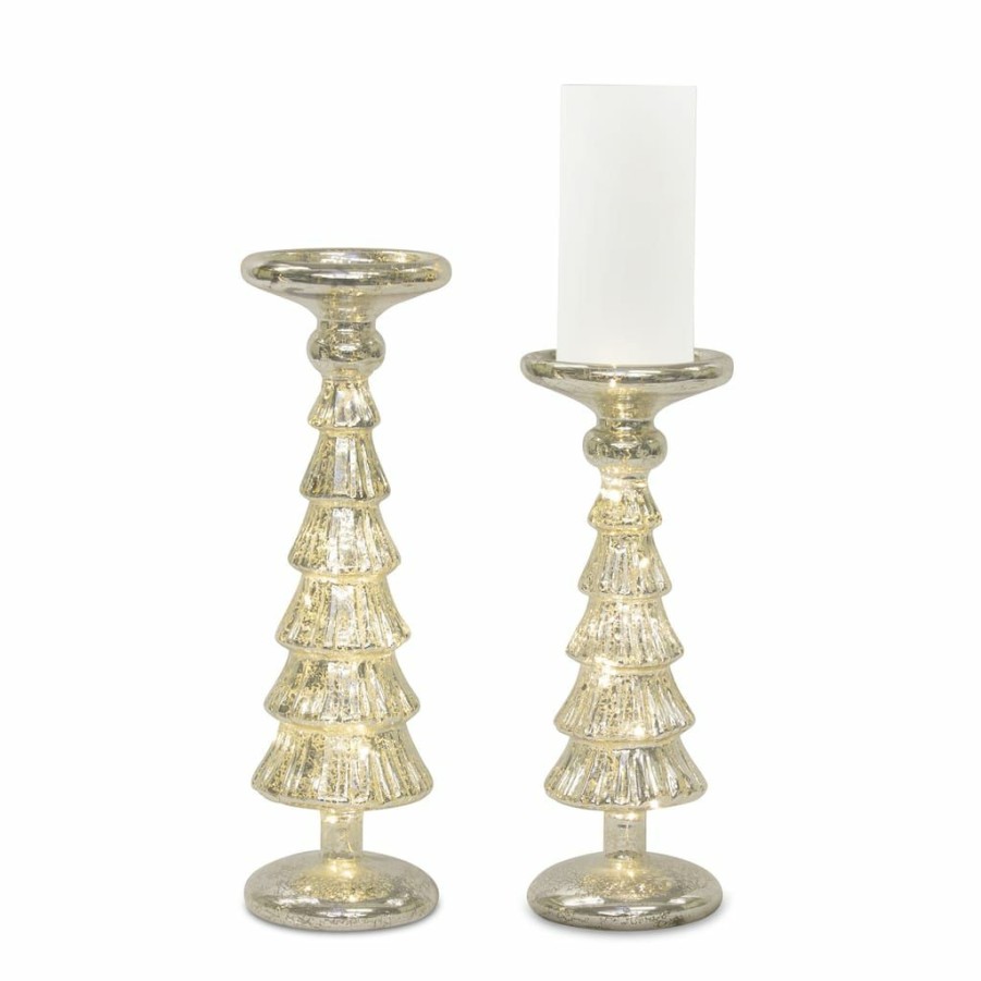 Holidays & Occasions * | Best Deal Silver Led Glass Candle Holder Set, 12 & 14 By Melrose