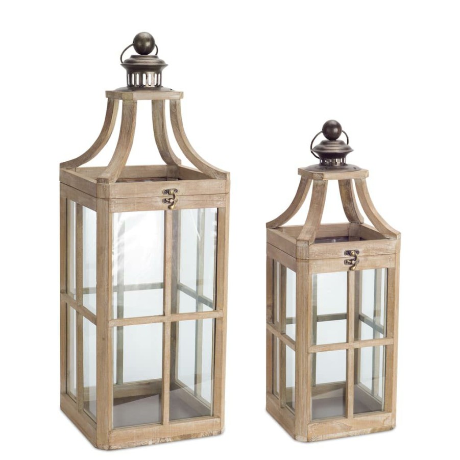 Home & Decor * | Cheapest Natural And Copper Wood, Metal & Glass Lantern Set, 23" & 29.5" By Melrose